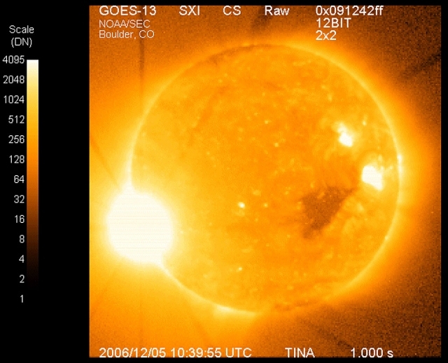 A solar flare observed in Dec. 2006 by NOAA's GOES-13 satellite.