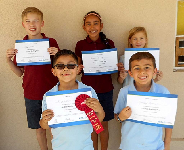 On Saturday, January 20, Fillmore Christian Academy sent 5 students to the ACSI District Spelling Bee at The Oaks Christian School in Westlake Village. Each of the students had already competed and won in their grade level Spelling Bee at Fillmore Christian Academy. In addition the 1st grade FCA speller, Ralph Avila, won a second place ribbon at the District Spelling Bee in Westlake Village. Congratulations to all of our FCA students!! The students representing Fillmore Christian Academy are pictured above Back row (left to right): Justin Tuttle (5th grade), Viviana Ramirez (4th grade), Danica Tuttle (3rd grade), Front row (left to right): Ralph Avila (1st grade), Zachary Mumme (2nd grade). Photo Courtesy Tracy Hackney.