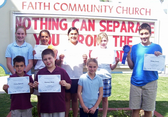 Students from Fillmore Christian Academy (FCA) recently competed in the Association of Christian Schools International Spelling Bee.  In the regional competition students in grades first through eighth, who won their class competition, competed with students from other schools.  Bailey Huerta (fifth grade) earned a 4th place ribbon and Phil Jones (eighth grade) placed first. Top row: Left to right: Brittany Wilson, Bailey Huerta, Alyssa Garcia, Sarah Stewart, Philip Jones Bottom row: Left to right: Corey Ballard, Damian Meza, Kayla Reiman.