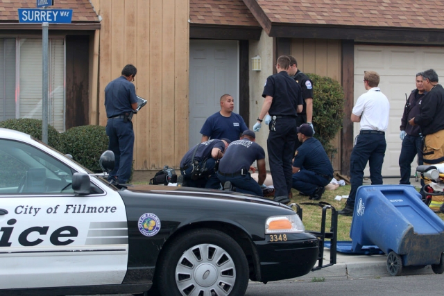 A stabbing took place on Saturday, May 16, at approximately 6:20pm. The victim received multiple stab wounds in the gang-related attack. The first medical call went out for the Palm and Santa Clara Street area. The victim was later located in the 100 block of Surrey Way and treated, above. He was transferred to Ventura County Medical Center with non-life threatening injuries. Police cordoned off the Palm/Santa Clara area, above. Suspect Daniel Torres has been arrested.