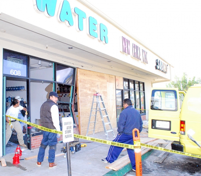 19-year-old Dennis Wileman of Fillmore was arrested on hit and run with promise to appear after causing substantial damage to the China Wok Restaurant and Water Store at the VONS center while stunt driving in his lifted F250 truck. The event happened about 3:00 a.m. in the VONS parking lot. Two passengers fl ed the scene but were later apprehended. Sheriff’s deputies arrived minutes after the incident and were able to catch Wileman fleeing the area. The truck was impounded as evidence. The entire front of the restaurant had to be sealed off. Wileman claimed he lost control as he approached the BofA teller machine traveling at 25 miles per hour. The extent of damage to building and truck caused the police to dispute this statement.