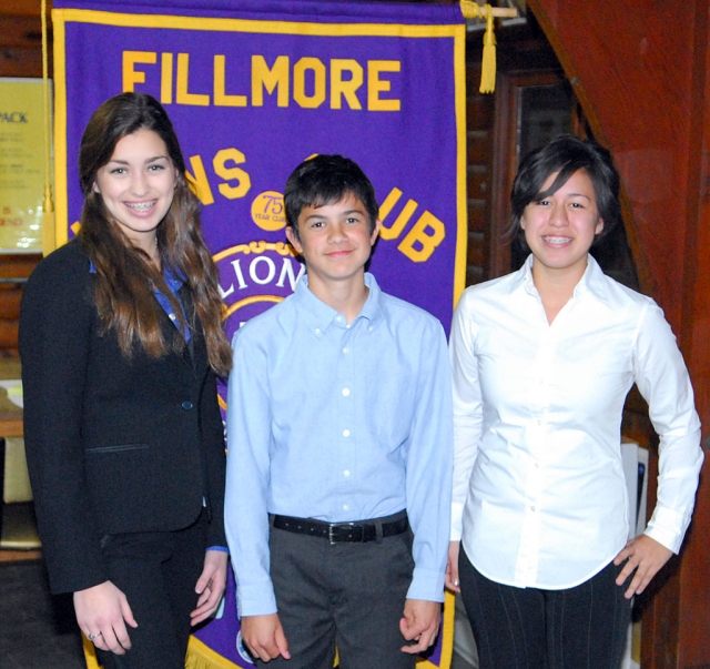 Monday night’s Lions Club meeting hosted the 72nd annual Student Speaker Contest 2009. The theme of the contest was “Water, Will California Be Left High and Dry?” Contest Chair Bill Edmonds presented the rules of the contest and three student participants spoke. There was a three minute pause between speakers to allow the
judges to score their judging sheets. The speakers were Natalie Garnica (winner), Jeremy Brooks, and Rachel Kamradt. Garnica received $50 and will go onto compete in the Zone Contest, on February 26th. It will be televised. Brooks and Kamradt received $25 each. Judges were Rev. Harry Guthrie, Rev. Julie Morris and Kyl Wilson (Rotary). Total scholarship money is $21,250.