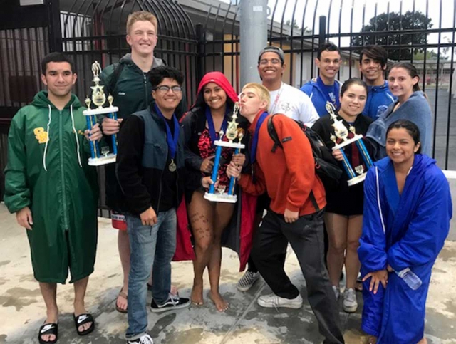 Pictured above are FHS swim team captains Joey Zelenka, Sam Guzman, Michelle Higuera, Erin Berrington and Daisy Santa Rosa, accepting the third place trophy at the Raiders Relay this past Friday March, 9th at Port Hueneme High School. Photo courtesy Coach Cindy Blatt.