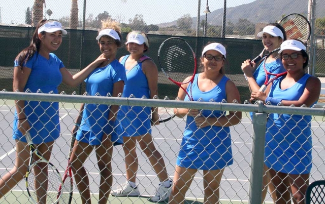 Flashes Girls Tennis take a photo to celebrate their first win of the season against Santa Clara Wednesday September 28th. (l-r) Lizzie Castaneda, Michaela Boniti, Hayley Martinez, Karime Renteria, Ivette Huerta and Mariah Gonzalez.