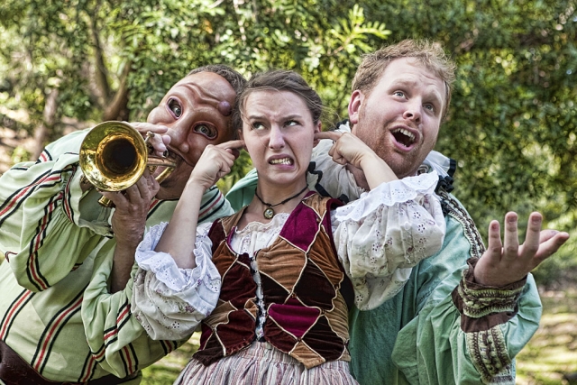 Dale Adrion is The Jailor, Rebekah Brockman is Luciana and Jaromb Brown is The Second Jailor in the Kingsmen Shakespeare Company’s production of “The Comedy of Errors.”