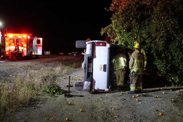 On Saturday, April 19th, at 8:31 p.m., Ventura County Fire Department, AMR Paramedics, and California Highway Patrol responded to a single vehicle that rolled over eastbound Telegraph Road at Haines Road in Fillmore. The driver was transported by ambulance to Henry Mayo Hospital, condition unknown. Photo credit Angel Esquivel.