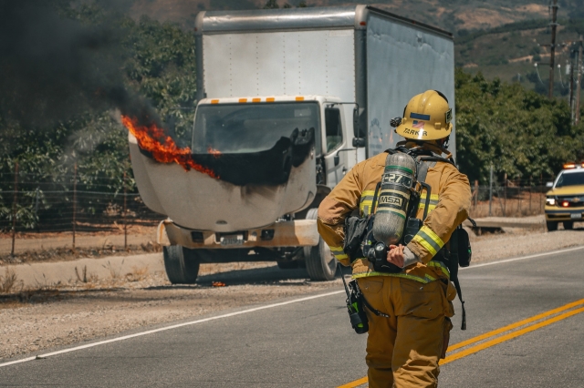 On Friday, June 28, at 11:35 a.m., the Ventura County Fire Department responded to a reported vehicle fire near Seventh Street and Oak Avenue. Arriving firefighters discovered a box truck with flames coming out of the engine; the driver was able to escape safely. On-scene firefighters were able to knock down the flames within minutes. Photo credit  Angel Esquivel-Firephoto_91.
