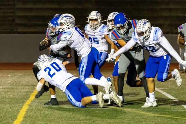 On October 4, FHS Varsity Football traveled to San Marcos High School to take on the Royals. Final score, San Marcos 31–Flashes 17, overall Flashes are 1–5 for the season so far. Above is a group of Flashes making a tackle against a Royal player in Friday’s game. Inset, FHS offense clearing a path for their teammate to make his way down the field to gain some yards for the Flashes. This week Fillmore will play away against Hueneme High School, Friday, October 11th. Photos credit Crystal Gurrola.