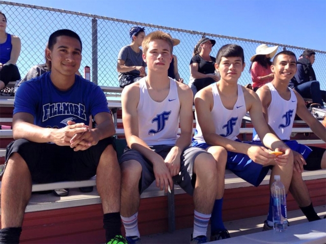 (l-r) Seniors Demitriouz Lozano, Hayden Wright and Michael Luna along with junior Aaron Cornejo were 1st in the 400m Relay this past weekend at the Rincon Races with a time of 45.84. Aaron Cornejo also placed 1st place in the 400m with a time of 54.28.