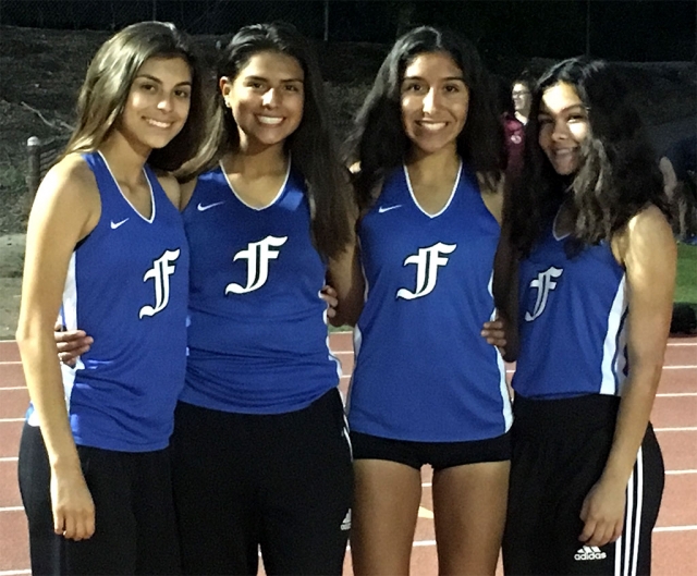 Fillmore Flashes Girls Varsity 4x400m Relay Team took first place Thursday, April 25th at the Citrus Coast League Championships. The team will compete Saturday, May 4th at the CIF Divisional Prelims at Carpinteria High School. Pictured (l-r) is Syenna Ponce, Vanessa Avila, Nicole Gonzalez, and Alexis Velasco. Photo courtesy Kim Tafoya.