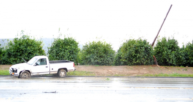 Rain storms contributed to many traffic accidents during the past week. Here, a pickup truck collided with a telephone pole near Atmore Road and Highway 126, Monday afternoon. No injuries were reported.