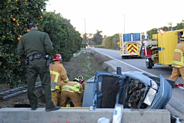 A car went off the road into a ditch shortly after 7am in the 1500 block of Riverside Avenue, Bardsdale, according to the California Highway Patrol and the Ventura County Fire Department. Ambulances were called to the area for two occupants, both transported to an area hospital, according to county fire officials. Photos courtesy Sebastian Ramirez.