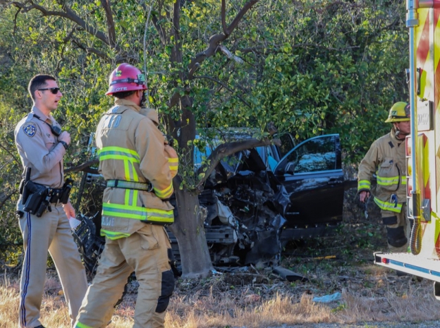 On Tuesday, March 7, at 4:37pm, California Highway Patrol was dispatched to an SUV into tree in the 1100 block of Grand Avenue, Fillmore. Arriving CHP unit advised a solo grey GMC SUV into an orchard, with moderate front end damage. Officers on-scene requested Ventura County Fire Department and AMR Paramedics respond to the scene; paramedics treated a female patient for unknown injuries. The crash was investigated as a possible DUI. Photo credit Angel Esquivel-AE News.