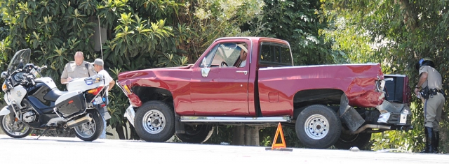 This Chevrolet pickup was involved in a collision with a dump truck near Atmore Road, Thursday. No reports of personal injury were recorded but the pickup suffered substantial damage.
