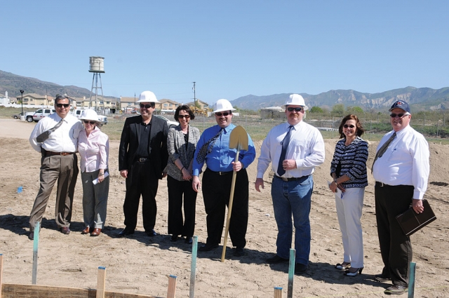 A groundbreaking ceremony was held Tuesday, March 12, for the new Tot Lot Project at Two Rivers Park. Pictured (l-r): Acting City Manager Rigo Landeros, County of Ventura – CDBG/ ESG Management Analyst II Meg Kimbell-Drewry, Councilmember Eduardo Gonzalez, Community Services Supervisor Annette Cardona, Councilmember Doug Tucker, Mayor Rick Neal, County of Ventura Deputy Executive Office Christy Madden and Building and Safety Director Steve Stewart.