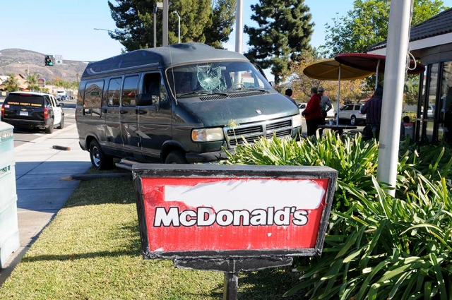 A van jumped the curb at Highway 126 and B Street and landed on the grass in front of McDonalds, on Friday, December 18th, at 12:15pm. No injuries were reported.
