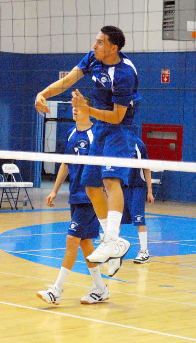 Chris De La Paz slams the ball over the net against Ojai Valley. Fillmore beat Ojai Valley 25-22, 25-20, 25-11, for their first league win.