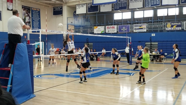 On Monday, September 23rd the Fillmore Flashes Girl’s Volleyball team took on Desert High School. Pictured above is Flashes #2 jumping to make the block against the desert player. On September 17th the Flashes lost to Nordhoff in 3 sets, 10-25, 10-25, 12-25. Standout players: Ashley Yepez had 4 kills, Olivia Palazuelos had 4 kills and 3 blocks. On September 19th the Flashes traveled to Santa Paula and lost with score being 22-25, 23-25, and 18-25. Standout Players: Olivia Palazuelos 8 kills and 2 blocks, Emma Ocegueda had 13 digs, and Nathalia Magana 2 serving aces, 12 digs, and 15 assists. Saturday, September 21 the Flashes Traveled to a tournament out at Carpinteria. They played against Santa Ynez, Chaminade, took a win from Cabrillo, and then lost to Chaminade during championship play. On Tuesday, September 24th the Flashes hosted Desert High Scores were 25-20, 21-25, 25-22, 25-23. Top players were Olivia Palazuelos 3 blocks, 8 kills, 2 aces. Nathalia Magana 3 aces and 15 assists. Tori Gonzales 3 aces, 11 digs, and 10 kills. Our record is 1-2 for Citrus Coast league and 3-6 overall. Submitted by Coach Tanya Gonzales.