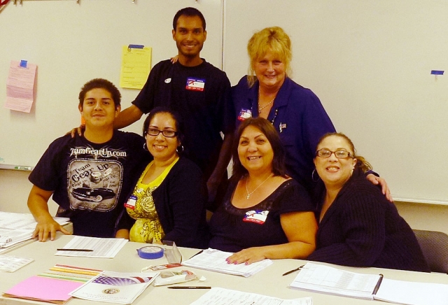 Voter turnout was fair Tuesday night. Poll workers (l-r counter-clockwise) were Enrique Gonzalez, Claudia Ceja, Rosario Gutierrez, Diana Gonzalez, Jaydene Wepprecht, and Alexander Martinez.