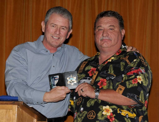 (l-r) Sheriff Geoff Dean presenting Fillmore Police Chief Dave Wareham with a retirement badge for his 32 years of service to the Ventura County Sheriff’s Department. A standing room only full house enjoyed the retirement party for Fillmore Police Chief Dave Wareham. The function occurred at the Fillmore Memorial Building Saturday. Dave spoke movingly of his 32 years on the Ventura County Sheriff's Department. Our County Sheriff Geoff Dean attended with a crowd of former and active deputies who worked closely with Wareham over the years. Also attending, special note, was our legendary former Ventura County Sheriff, Larry "Carp" Carpenter. Everyone enjoyed a great steak dinner.