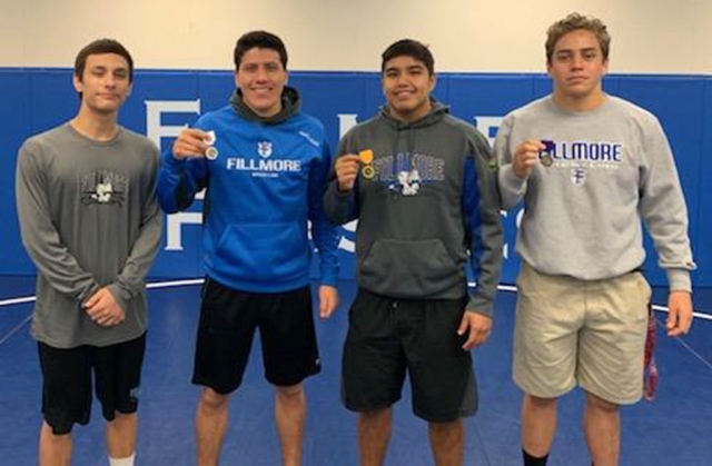 On Friday-Saturday, February 8 -9 2019, Fillmore wrestlers competed in the Individual SSCIF Wrestling Tournament at Citrus Hill High School in Perris, Ca. Nine Fillmore wrestlers qualified to compete and took 4th place and 2nd moving on to Masters on February 15 – 16 at Cerritos Community College. Pictured (l-r) are Marco “Tony” Ochoa 8TH place at 126 lbs; Abraham Santa Rosa 3rd place at 160 lbs; Adrian Bonilla 5th place at 195 lbs; and David Rivas 6th place at 182 lbs. Abraham and Adrian moved onto Masters. Photos courtesy Coach Jorge Bonilla. 