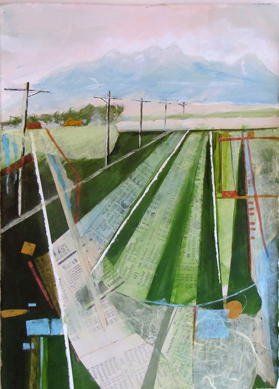 “Annual Harvest” by Dolas Tubbs, acrylic collage on paper, 16” x 20”, Collection of the artist.