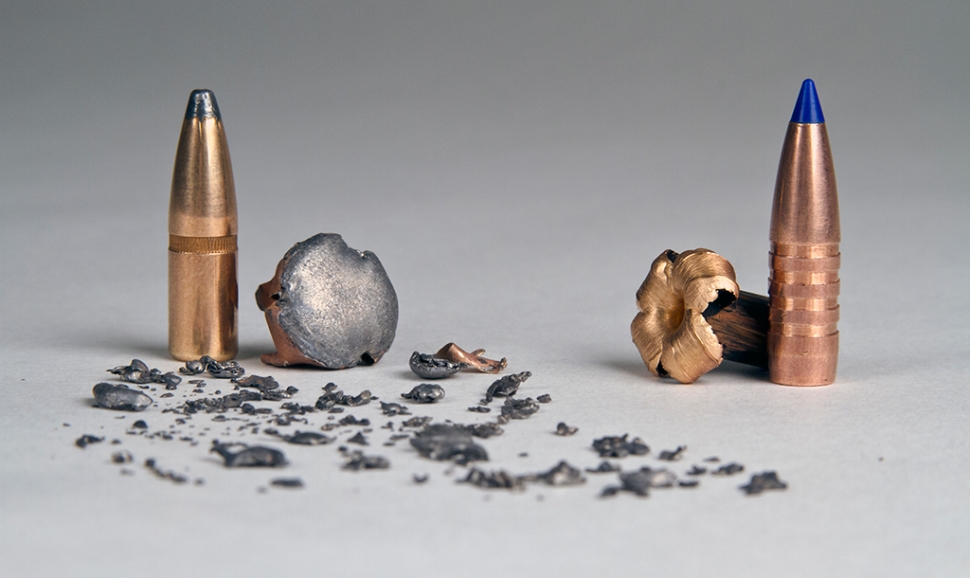 A shot lead bullet (left) and its fragments compared to a modern copper monolithic bullet (right). Many are switching to non-lead for its performance and safety for scavenging wildlife. Courtesy Hunting and Conservation Outreach, Great Basin Institute, Ventura Office.