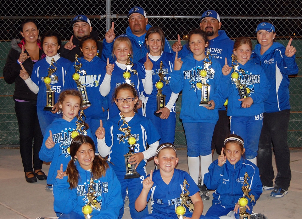 Fillmore 10U All-Stars take the Camarillo All-Star (Gold) Tournament after defeating Thousand Oaks in the Championship game. The girls had to beat teams from Hart, Santa Monica, and Northridge to reach the championship. Pictured Top Row: Tots Cervantes, Nikki West, Jessica Harvey, Amanda Villa, Maddie Charles, and Tori Villegas. Middle Row: Kasey Crawford and Sami Ibarra, Bottom Row: Cali Wyand, Lindsey Brown, and Naveah Walla. Manager Danny Ibarra, Coach Phil Hurtado, Hector Cervantes, Carina Crawford and Monique Cervantes.