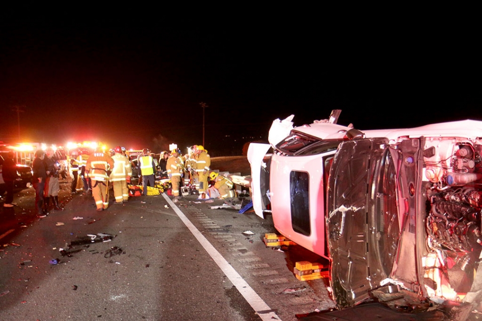 On Saturday, December 20th, at approximately 5:30pm, an eastbound vehicle rear-ended another eastbound vehicle, which struck a third eastbound vehicle. The accident took place on Highway 126, close to the Old Red Barn (Christmas tree farm). The chain reaction caused one of the cars to enter westbound traffic and strike two more cars. Two of the cars overturned, trapping the occupants. Six people were injured, including one infant. All six were transported by ambulances to area hospitals; none of the injuries were life-threatening. The first vehicle that started the chain reaction did not stop; the California Highway Patrol is seeking the driver. Westbound lanes were closed for several hours, with traffic in both directions diverted to the eastbound lanes. Photos courtesy Sebastian Ramirez.