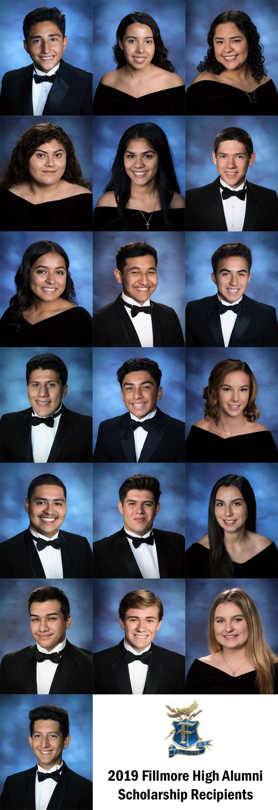 (l-r, top to bottom row) Jorge Acevedo (FHS Alumni Scholarship), Aalyiah Alfaro (FHS Alumni Scholarship), Mireya Avila Mejia (FHS Alumni Scholarship), Fatima Bazurto (Wm. Brisby Memorial Scholarship), Wendy Carrillo Garcia (FHS Alumni Scholarship), James Chandler (Steve & Patricia Baum Memorial Scholarship), Cecilia Cisneros (Scanlin Scholarship/Balden Athletic Scholarship), Sergio Contreras (Scanlin/Balden Athletic Scholarship), Daniel Cruz Enciso (Scanlin/Balden Athletic Scholarship), Abraham Santa Rosa (FHS Alumni Scholarship) (Scanlin/Balden Athletic Scholarship), Gabriel Gonzalez (Dr. Jack Crandall Scholarship), Katherine Johnson (Terry McGuire Memorial Scholarship), Erik Magana FHS Alumni Scholarship), Damian Meza (Susan Knight Scholarship), Ariana Schieferle (Scanlin/Balden Athletic Scholarship) (John Lemley Memorial Scholarship), Jerry  Tovar (Dr. Jack Crandall Scholarship), Matthew Van De Mheen (Susan Knight Scholarship), Alexis Van Why (John Lemley Memorial Scholarship), Antonio Villalobos (Scanlin/Balden Scholarship).