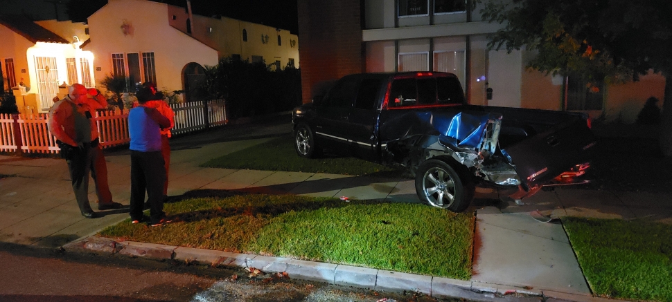 On Saturday, September 30th, at approximately 4:00 a.m., in the 500 block of First Street, an arrest for drunk driving was made following the collision of that driver's vehicle with a pickup truck which was parked at the curb. Extensive damage was caused to the pickup, which was forced from the curb onto the adjacent lawn. The identity of the driver and a description of his vehicle were not available at press time.