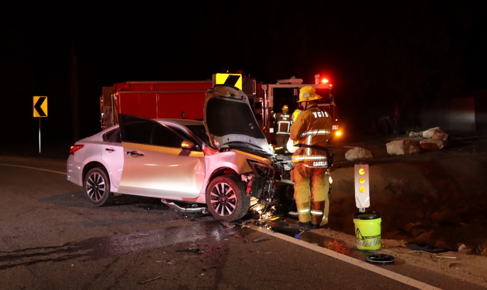 On Tuesday, November 7th, at 5:29 p.m., Ventura County Fire Department, Fillmore City Fire, AMR Paramedics and California Highway Patrol were dispatched to a head-on-traffic collision on SR-23/Chambersburg and Pasadena, Bardsdale. Arriving firefighters reported two vehicles involved with major damage to both vehicles. According to witnesses one of the involved drivers fled the area, running into an orchard. The witness stated the fleeing male driver (grey Nissan Sentra) was at fault, and also appeared under the influence, though this information has not been collaborated by authorities.  On scene, paramedics treated the female victim who was transported to a local hospital with lights and sirens, condition unknown. CHP officers went to the home of the owner of the registered vehicle to make contact but as of press time, no arrests were made. Photo credit Angel Esquivel-AE News.
