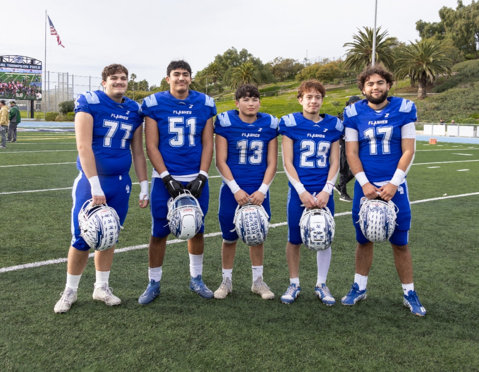 On Saturday, February 3, 2024, five Flashes traveled to Camarillo High School to compete in the 50th Anniversary East vs. West All-Star Game hosted by Ventura County Football Coaches Association for their chance to showcase their skills. The boys played great with the East Team winning (Flashes team) 20 – 23. Pictured (l-r) are Antonio Munoz, Anthony Porter, Joseph Perez, James Chaveste, and David Jimenez. Photo credit Crystal Gurrola. Full story on page 9. 