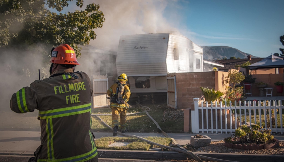 On Friday, November 10, at 3:25 p.m., Fillmore City Fire Department and Ventura County Fire responded to an RV fire in the 900 block of Sespe Avenue, Fillmore. Arriving firefighters reported a fully involved RV. Firefighters were able to knock out the fire in minutes. No injuries were reported. Cause of the fire is under investigation. Photo credit Angel Esquivel-AE News.