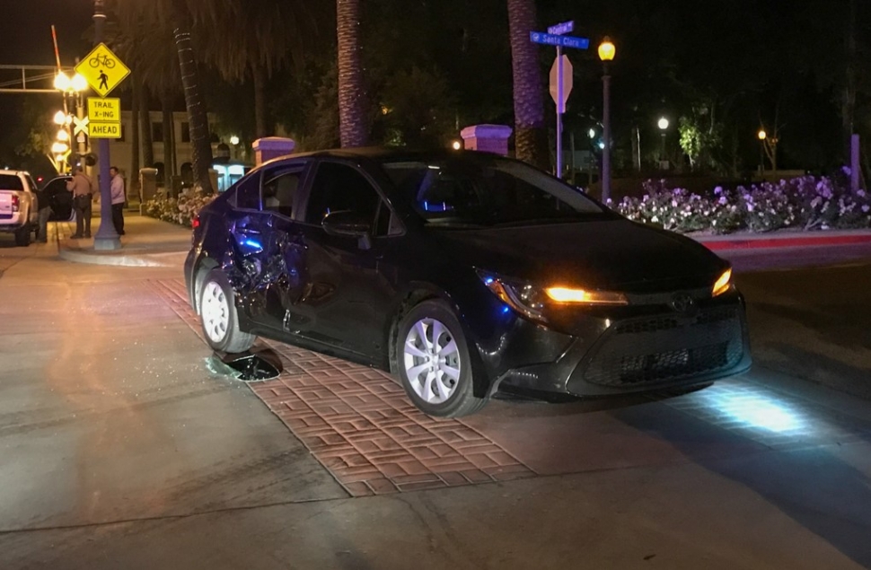 On Sunday, May 28, at 12:43am, Fillmore Police were dispatched to a two-vehicle accident on Santa Clara Street at Central Avenue, Fillmore. Involving vehicles was a white Toyota Tacoma and a black Nissan Corolla. No injuries were reported. Photo credit Angel Esquivel-AE News.