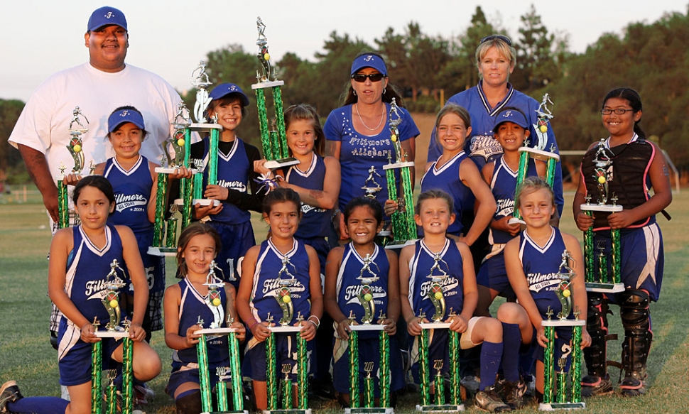 8 and Under Fillmore Allstar softball team battled against Newbury Park 6-2 in the championship game to take first place in the Moorpark June Jamboree on June 6th and 7th. Pictured are Coach Leo Venegas, Coach Carina Crawford, Manager Michelle Brown, Tatyana Cervantes, Amanda Villa, Tori Villegas, Chloe Stines, Hailey Avila, McKenzie Hernandez, Maddie Charles, Kasey Crawford, Cali Wyand, Leana Venegas, Lindsey Brown, and Jessica Harvey.