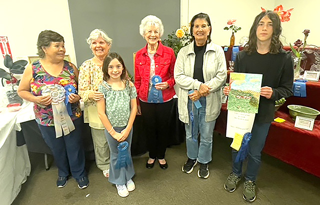 On Saturday & Sunday, April 25 and 26, the Fillmore Active Adult Center was filled with flowers galore for the Annual Fillmore Flower Show. This year’s theme was “A Blooming Good time.” Pictured above are this year’s division winners (l-r) Bene Ambrosio, Carmen Zermeno, Kathryn Zermeno, Jeanne Westling, Denice Olmede, and Jacob Randall. Photo credit Linda Nunes.