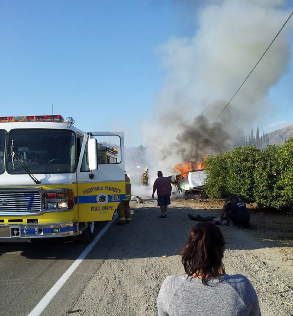 Robert Johnson, 72 of Fillmore, died Thursday ina head-on crash between Santa Paula and Fillmore. The crash occurred at approximately 5:30 p.m. on Old Telegraph Road. Rigoberto Rodriguez, 27 of Santa Paula was driving south on Old Telegraph Road when he lost control of his truck and collided w89th the van in which Johnson was a passenger. Maria Elene Aguilar Melgoza, the driver of the van sustained minor injuries. Rodriguez had major head injuries and was taken to an area hospital. Isidoro Ortiz Ibarra, also a passenger in the van, had major injuries to his knees and arm. Emergency personnel from the Ventura County Sheriff’s and Fire Departments and the W.S. Forestry Service extricated the passengers from the van. Photo by Salvador Montelongo.