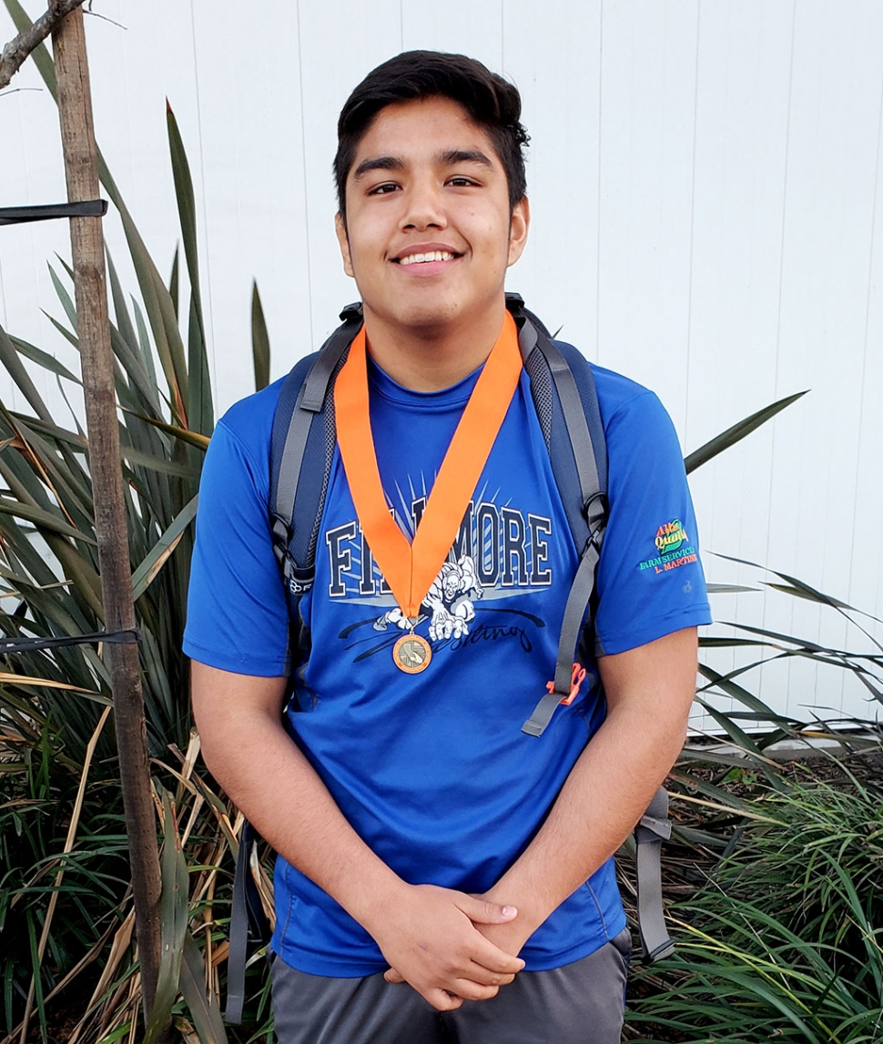 Fillmore High School Wrestler Adrian Bonilla placed 8th in the CIF Masters Wrestling Tournament this past weekend at Cerritos Community College. Adrian finished the tournament going 3-3. He is the first male wrestler in the program’s 30+ years history to qualify to go to state. Photo courtesy Coach Jorge Bonilla.