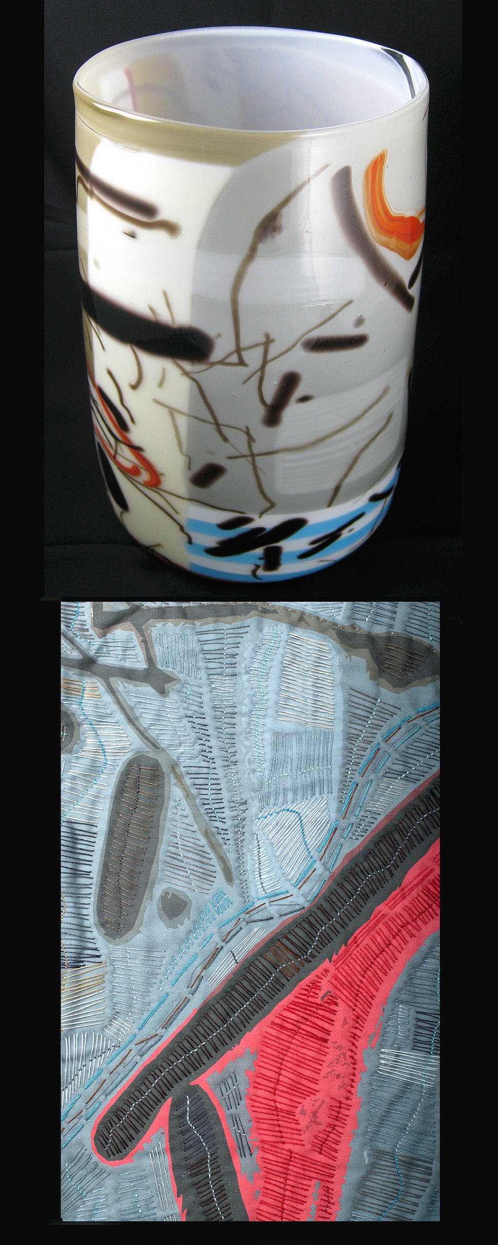 Glass art vase and photographed abstract design on digital print. Both works by Pamela Price Klebaum
