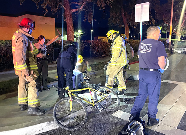 On Saturday, March 28, at 7:49 p.m., the Fillmore Police Department, Fillmore Fire, and AMR Paramedics were dispatched to a vehicle versus bicycle incident in the 600 block of River Street. The cyclist denied medical treatment. The cause of the crash is under investigation. Photo credit Angel Esquivel.