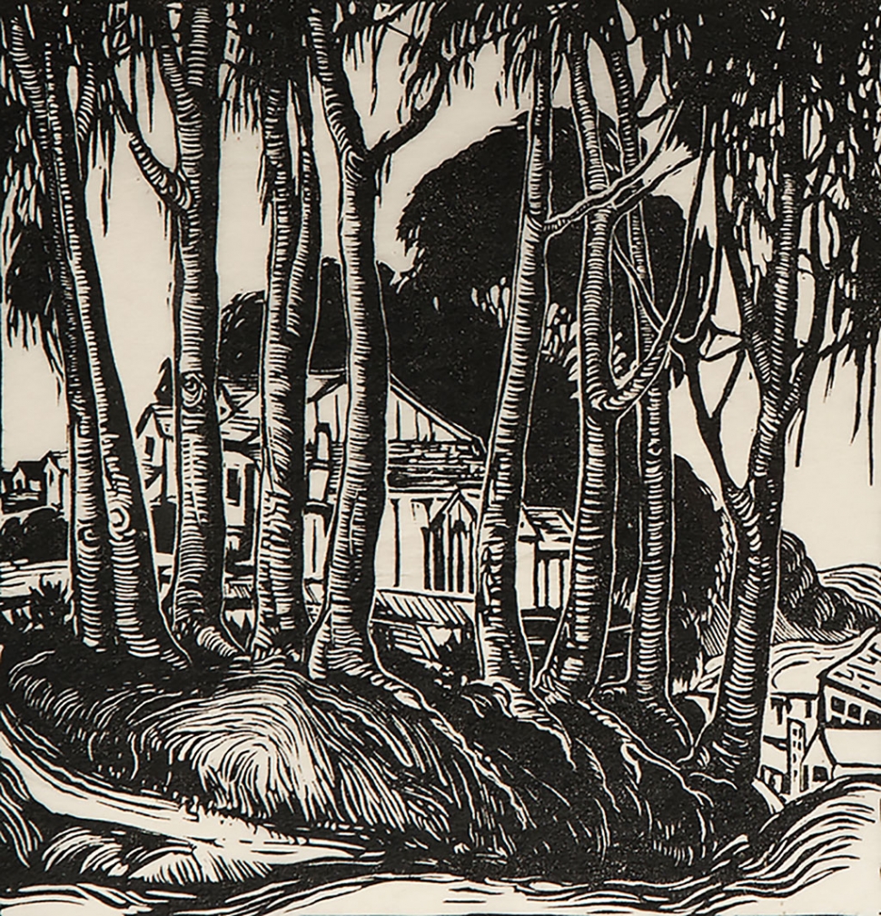 “Corner, Morro Bay” by Jessie Arms Botke, no date, block print,10” x 9”,Collection of Jyl and Allan Atmore.