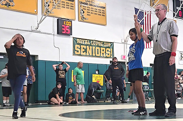 Pictured above is Fillmore Bulldog 6th grader Kamila Cuesta after defeating her Balboa opponent. Kamila also earned a silver medal in the Ventura County Middle School Wrestling League Championships. Photo credit Coach Michael Torres & Jennifer Penzola.