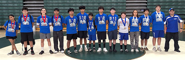 On Friday, April 17, Fillmore Middle School Wrestling team traveled to Simi Valley for the Ventura County Middle School Wrestling League Championships, competing against seven schools, claiming 13 total medals across all three podiums. Pictured above is the Fillmore Middle School team 2nd place finishers: Kamila Cuesta, Valentin Sandoval, Parker Blackshear, and Anthony Ramirez. Champions: Isaac Ramirez, Cayden Balades, Albert Morales, Roque Rivera, Francisco Avila, and Liam Patton. 3rd place finishers: Torrey Morales, Bryan Manzo, Miguel Morales, and Coach Michael Torres. Photo credit Coach Michael Torres & Jennifer Penzola.