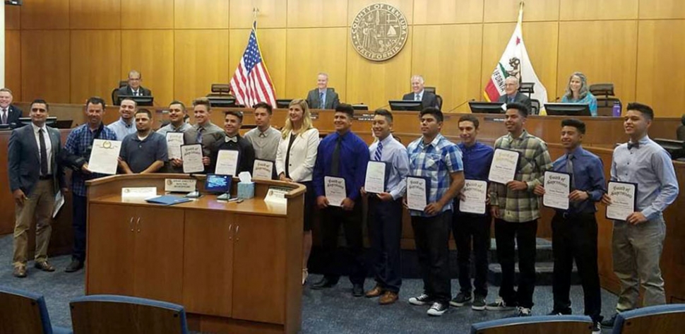 The 2018 Fillmore High School Boys Varsity Baseball Team players were presented with Resolutions Certificates by Ventura County Supervisor Kelly Long on Tuesday, June 12th at their regular board meeting. The team was this year’s CIF Southern Division 7 Champions.
