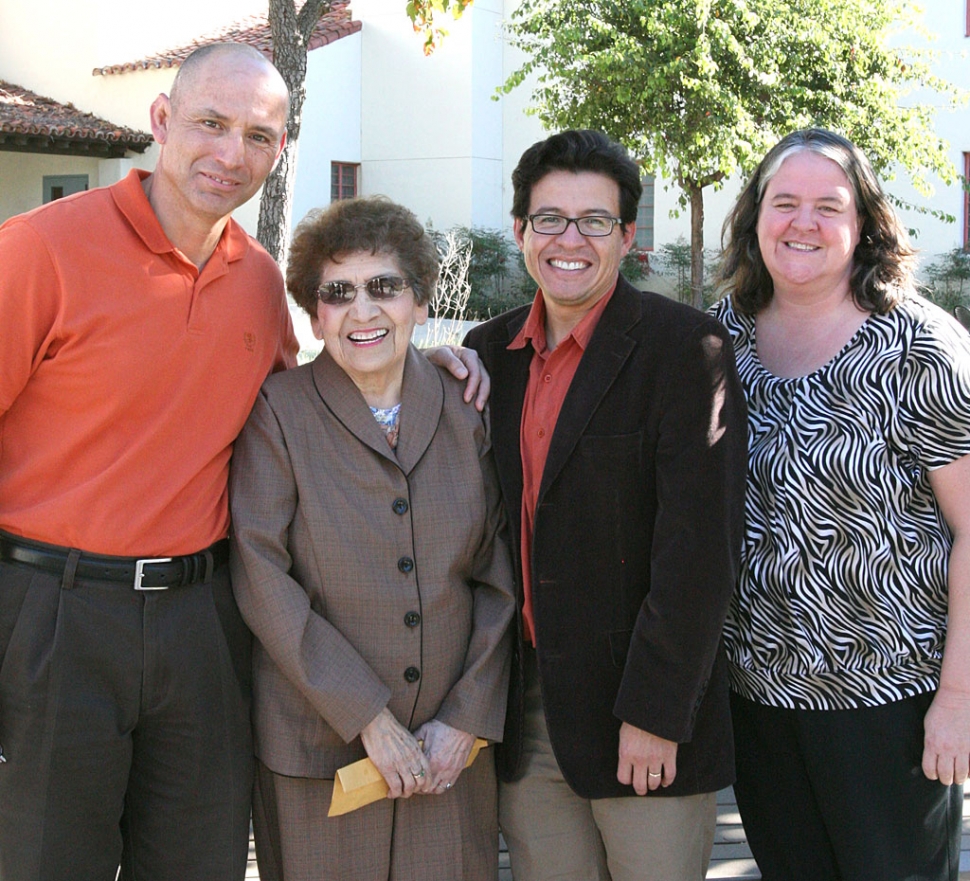 CSU Channel Islands alum Antonia DiLiello (second from left) presents a check to (l to r) Frank Barajas, Associate Professor of History; Jose Alamillo, Associate Professor of Chicana/o Studies; Marie Francois, Chair of History and Chicana/o Studies, Associate Professor of History.