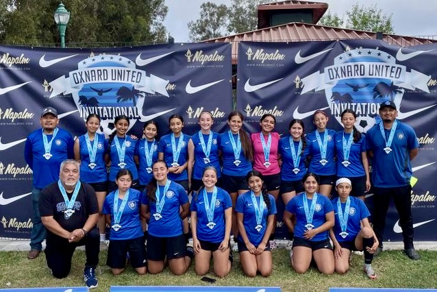 California United FC 2008 Girls team was named finalists in the Oxnard United Invitational. Top row (l-r): Coach Aciano Mendez, Lisbeth Magaña, Valerie Rubio, Alondra Leon, Danna Castillo, Brooke Nuñez, Elena Garcia, Alina Juarez, Leanna Lomeli, Nevaeh Nappi, Lizbeth Mendez, and Head Coach David Vaca; bottom row (l-r): Coach Daniel Garcia, Monica Botello, Jayleen Porter, Karissa Terrazas, Gabriela Perez, Sara Diaz, and Kimberly Biviano. Not Pictured: Natalie Jacinto and Kimberly Magaña. Photo Credit Erika Arana (Public Relations), California United FC. 