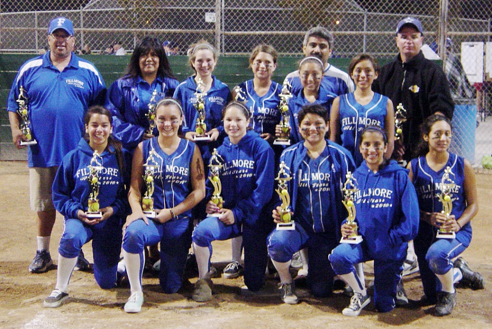 Fillmore Girls Softball 14 & under All-star team took second place at the Camarillo Tournament. Defeating Camarillo Silver 7-4 and Ventura 16-2 on Saturday. We started off Sunday defeating Simi 3-2 and Northridge 3-2, but lost in the Championship game 5-2 to Camarillo Gold. Pictured top row, left to right-Coach Bill Vassaur, Manager Desiree Campos Tarango, Niki Spencer, Jordyn Vassaur, Brooke Pimentel, Coach Hector Olvera, Santana Carrera and Coach John Spencer. Bottom Row- Cheyanne Tarango, Kayla Grove, Anyssa Cabral, Angelic Murrillo, Sarena De La Cruz and Sarah Lopez. Not pictured Erika Olvera. Courtesy of Desiree Campos.