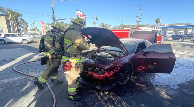 On Tuesday, July 7, at 6:08pm, Fillmore City Fire Department responded to a reported vehicle fire near the intersection of Ventura Street and A Street. Upon arrival firefighters found a Dodge vehicle with smoke coming from the engine compartment. Crews quickly watered the compartment negating any active fire. Photo credit Angel Esquivel.