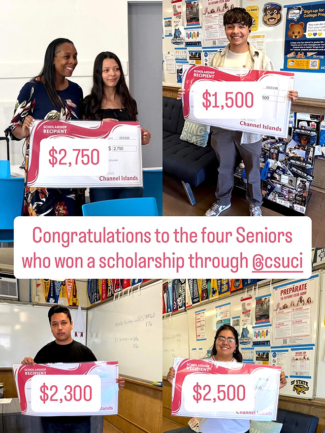 Fillmore High School students recognized on Wednesday, April 8, 2026, were Eimi Soria ($2,500), Christian Diaz ($1,500), Lizbeth Mendez ($2,750), and Ricardo Avalos Hernandez ($2,300) receiving California State University Channel Islands (CSUCI) scholarships if they choose to attend CSUCI after graduation. Courtesy https://www.blog.fillmoreusd.org/fillmore-unified-school-district-blog/46ylb258wghehjhr7zbrlc4x888h78.